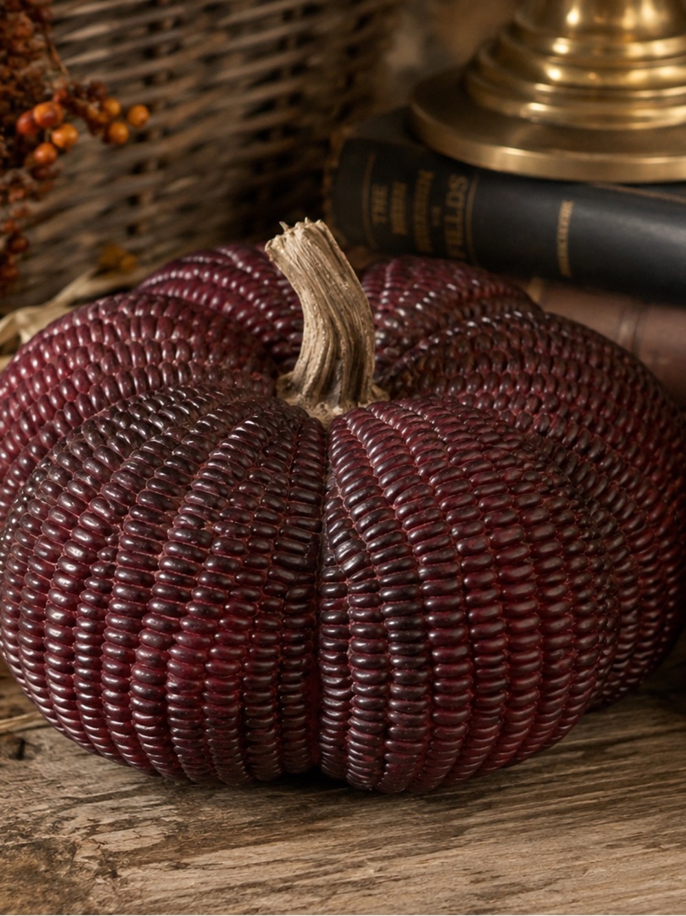 Decorative Burgundy Indian Corn Pumpkin Accent